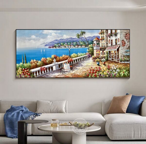 Mediterranean terrace bloom-hand painted oil painting with frame